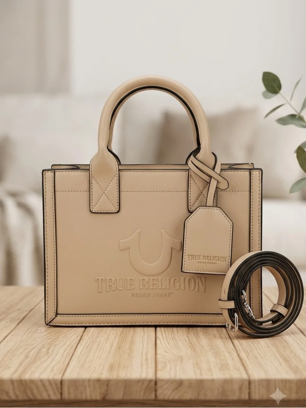 True Religion NWOT Beige Faux Leather Mini Tote Crossbody Bag